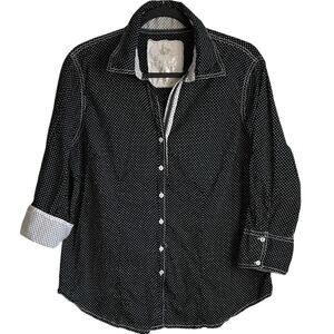 Cino Crinkle Button Up Blouse Sz XL 3/4 Sleeves Cotton Flip Cuffs Polka Dot
